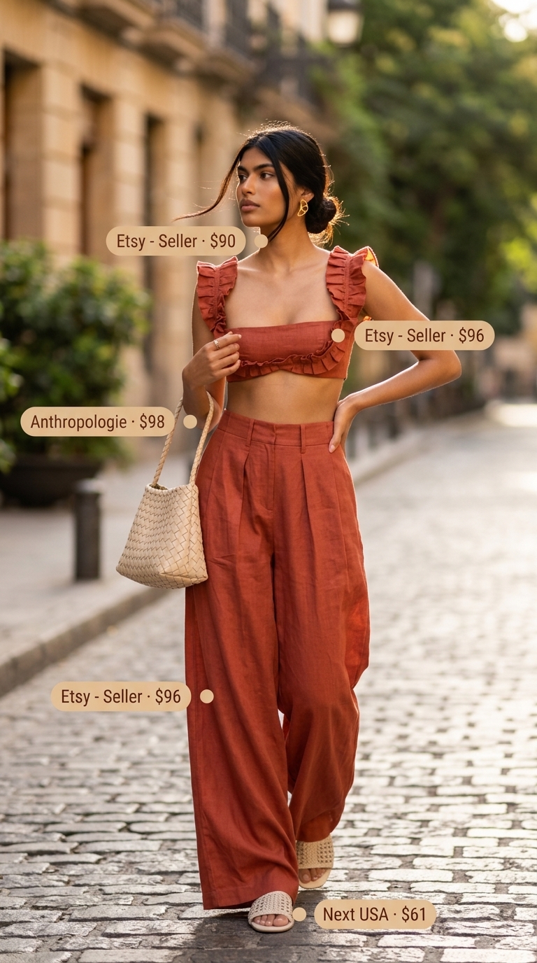 Terracotta linen matching set with cream woven accessories for a coastal city brunch street style outfit inspo summer for women 2026.