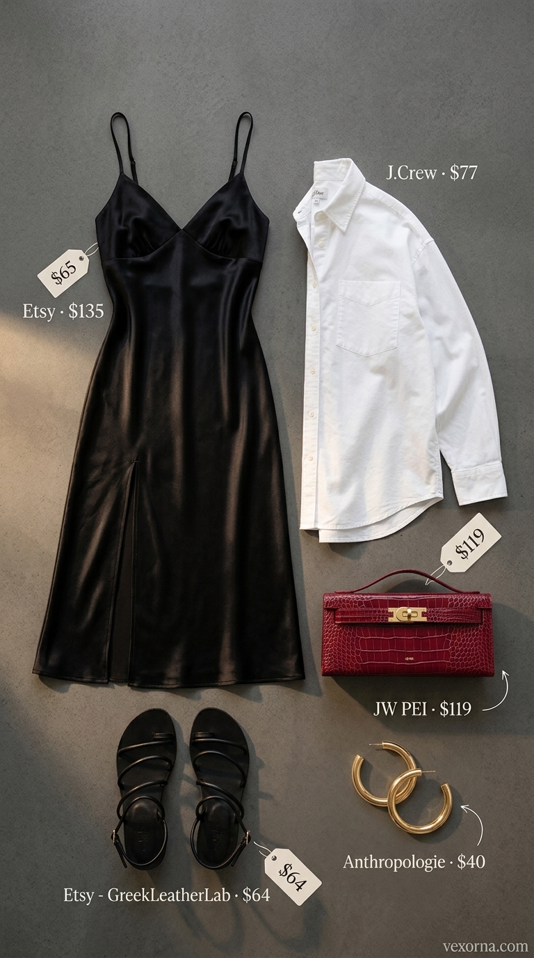 Black slip dress with an oversized white shirt and strappy sandals for a downtown dusk glam street style outfit inspo summer for women 2026.