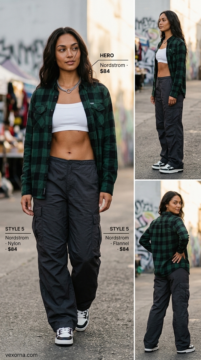Black cargo pants with a white crop top and oversized flannel for a grungy street style outfit inspo summer for women 2026.