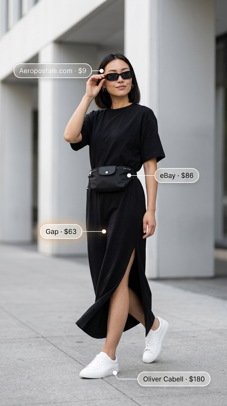 Black maxi t-shirt dress with white sneakers and a belt bag for a minimalist street style outfit inspo summer for women 2026.