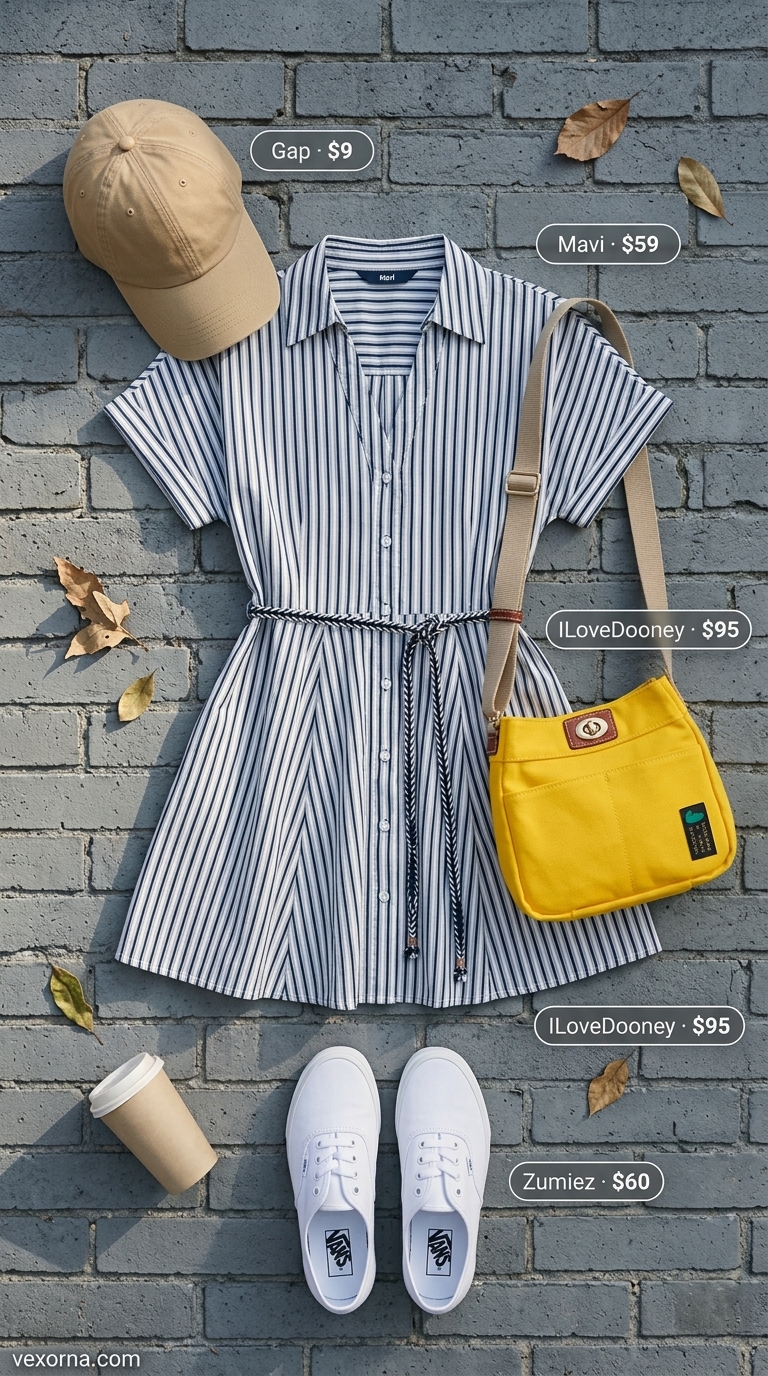 Blue and white striped shirt dress with yellow crossbody bag for a playful park stroll street style outfit inspo summer for women 2026.