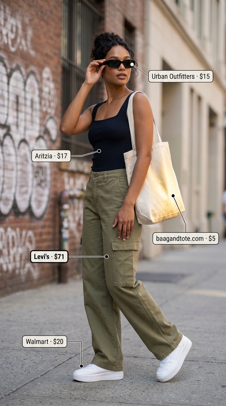 Khaki cargo pants with a black tank top and chunky sneakers for an urban safari street style outfit inspo summer for women 2026.