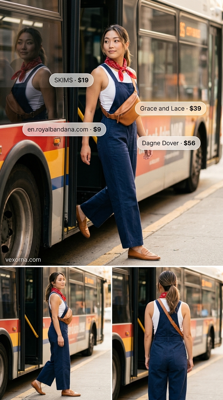 Street style summer fashion outfits for women 2026: Navy utility jumpsuit, white tank, red bandana for a chic travel day look.