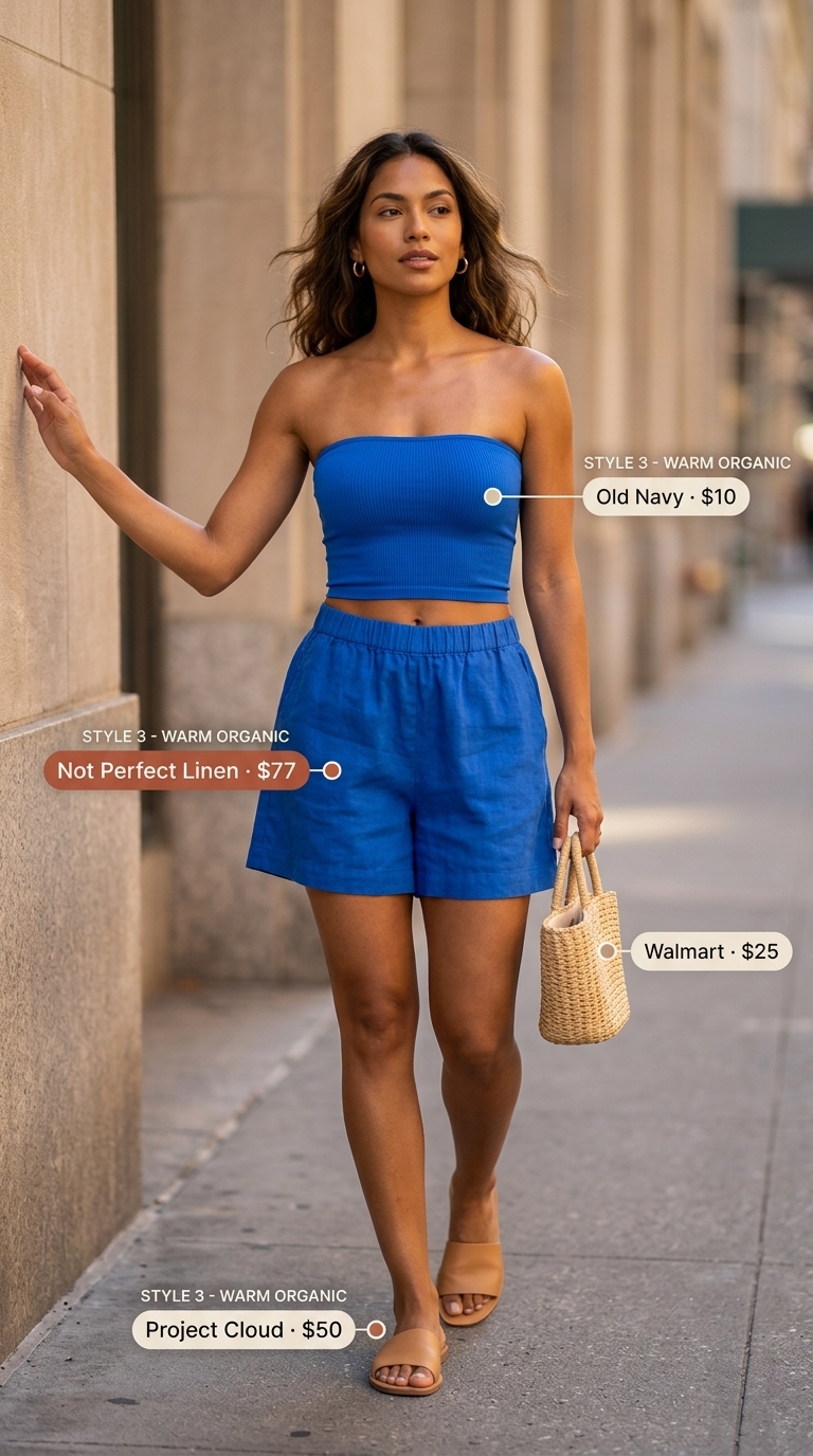 Cobalt blue linen shorts and oversized shirt set with white bandeau top. Street style summer fashion outfits for women 2026.