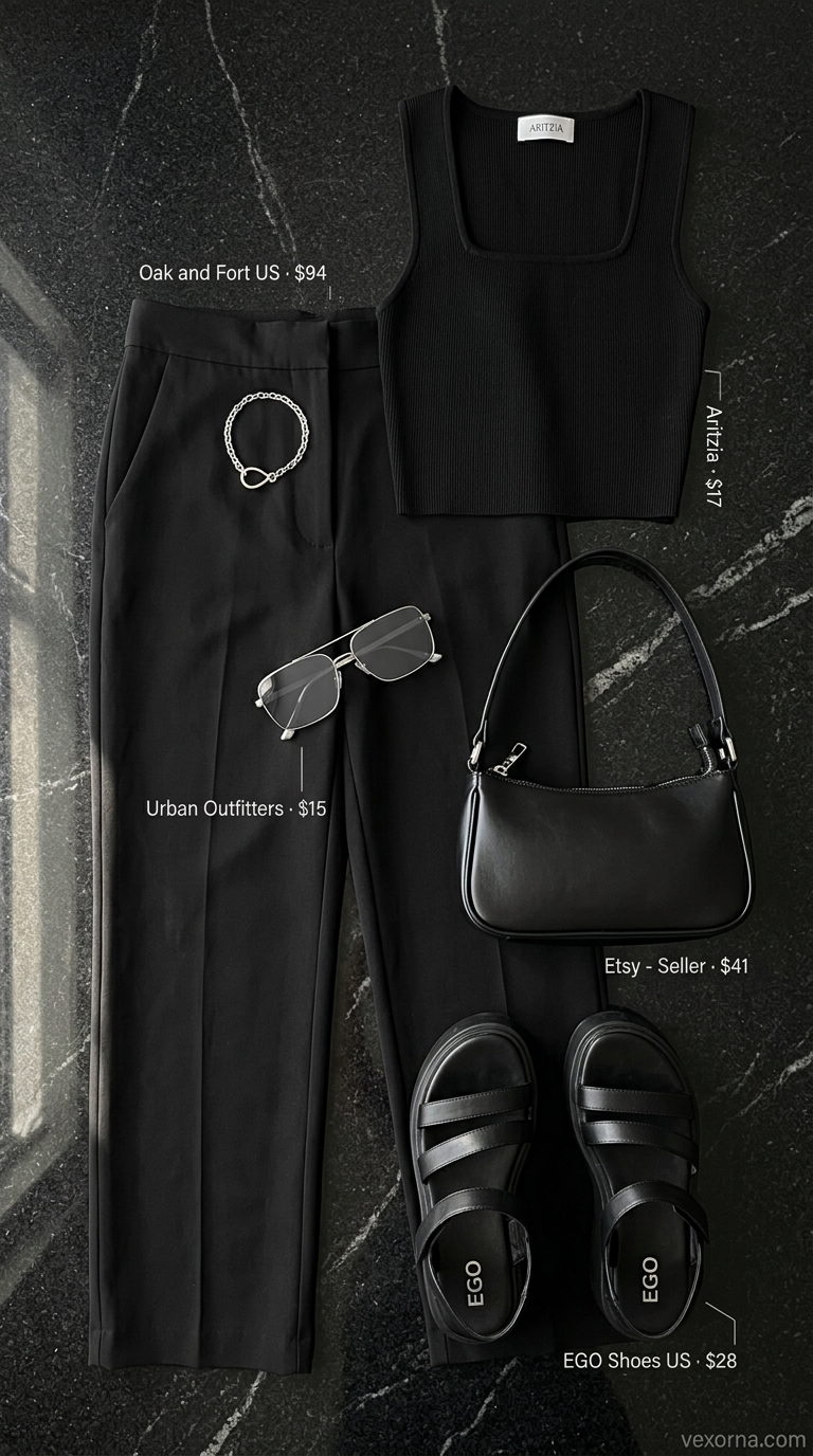 Street style summer fashion outfits for women 2026: Sleek black wide-leg pants, white crop top, chunky sandals.