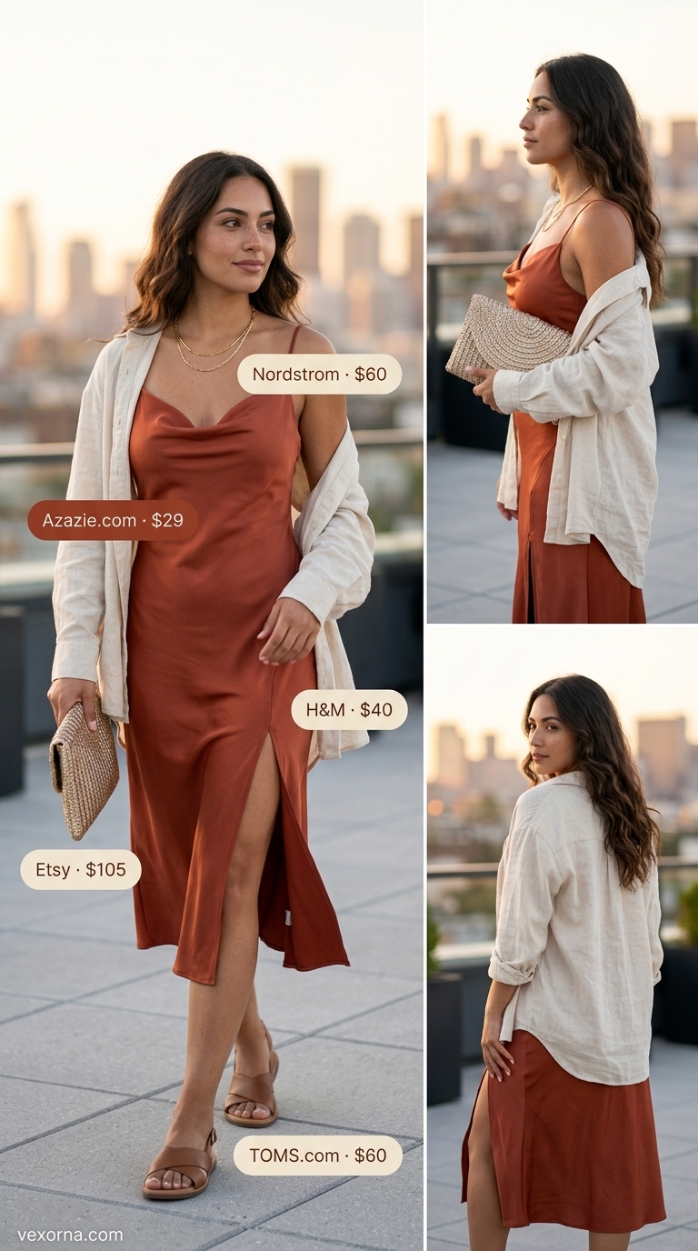 Street style summer fashion outfits for women 2026: Terracotta slip dress, cream oversized shirt, gold jewelry for a sophisticated rooftop dinner.