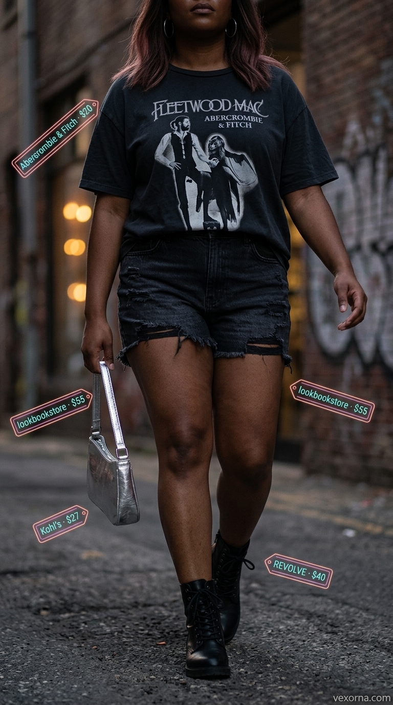 Street style summer fashion outfits for women 2026: Distressed denim shorts, graphic tee, combat boots, layered necklaces.