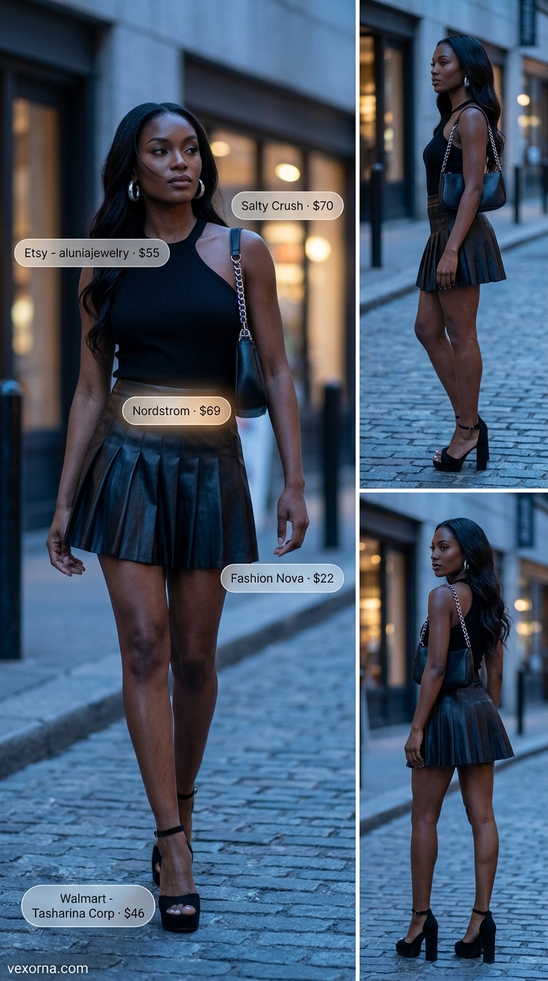 Street style summer fashion outfits for women 2026: Hot pink crop top, black leather mini skirt, silver hoops for an edgy night out look.