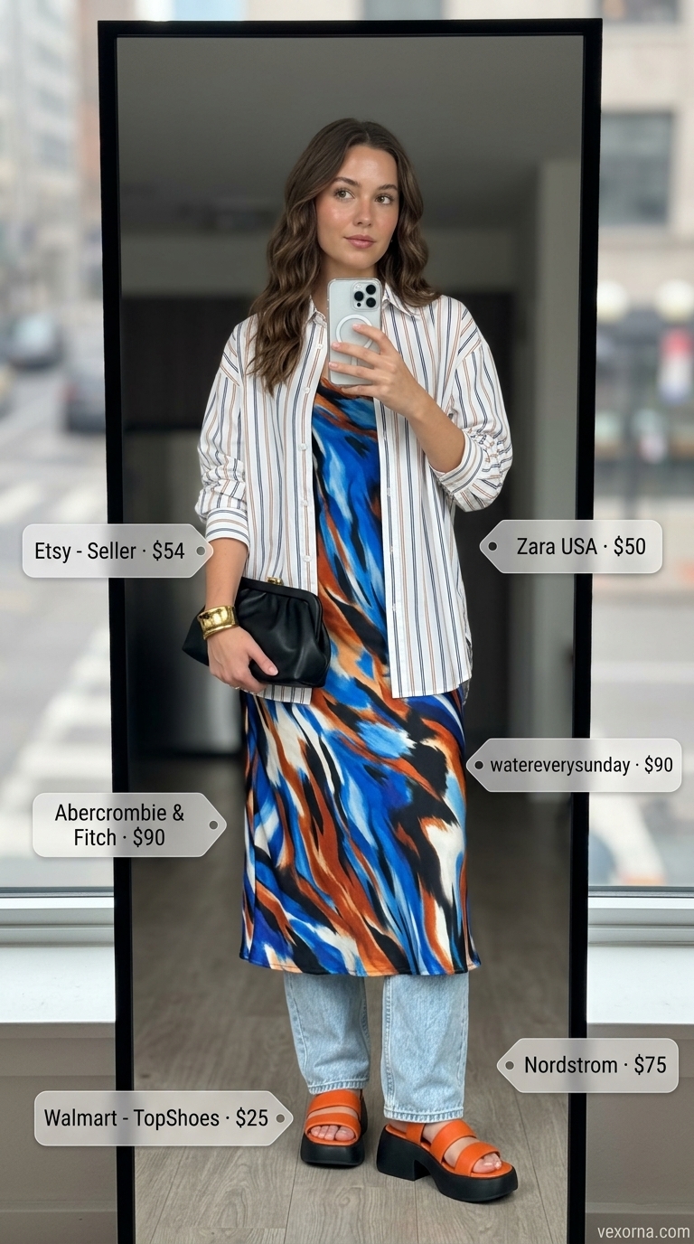 Street style summer fashion outfits for women 2026: Abstract print midi dress, oversized shirt, canvas tote, platform sandals.