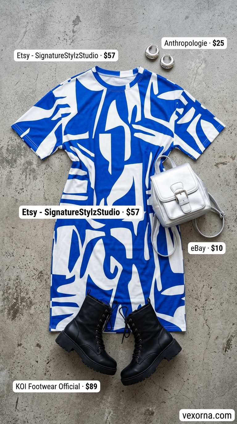 Street style summer fashion outfits for women 2026: Cobalt blue graphic t-shirt dress, combat boots, mini backpack, hoop earrings.