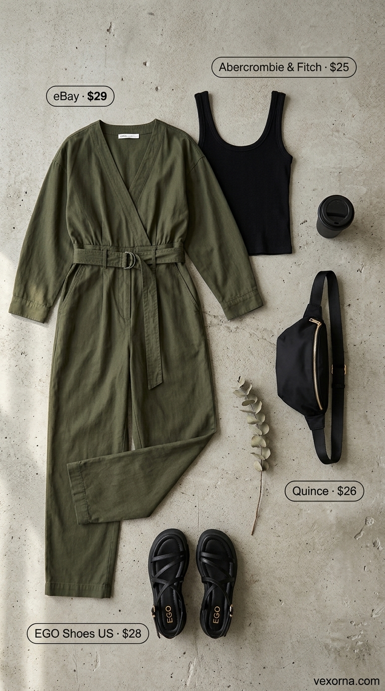 Khaki green utility jumpsuit with black tank and platform sandals. Street style summer fashion outfits for women 2026.