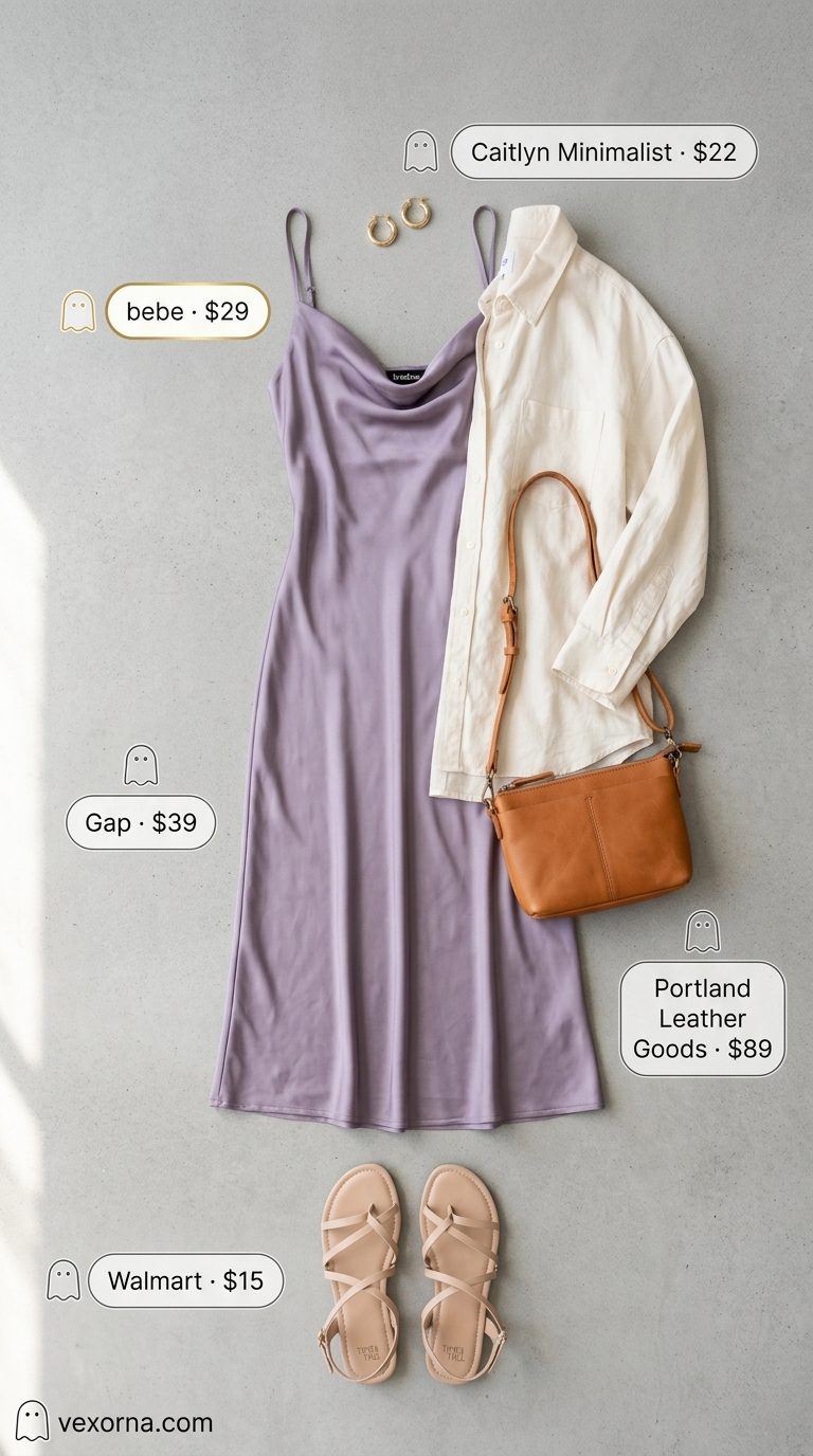 Soft lavender satin slip midi dress with cream oversized shirt. Street style summer fashion outfits for women 2026.