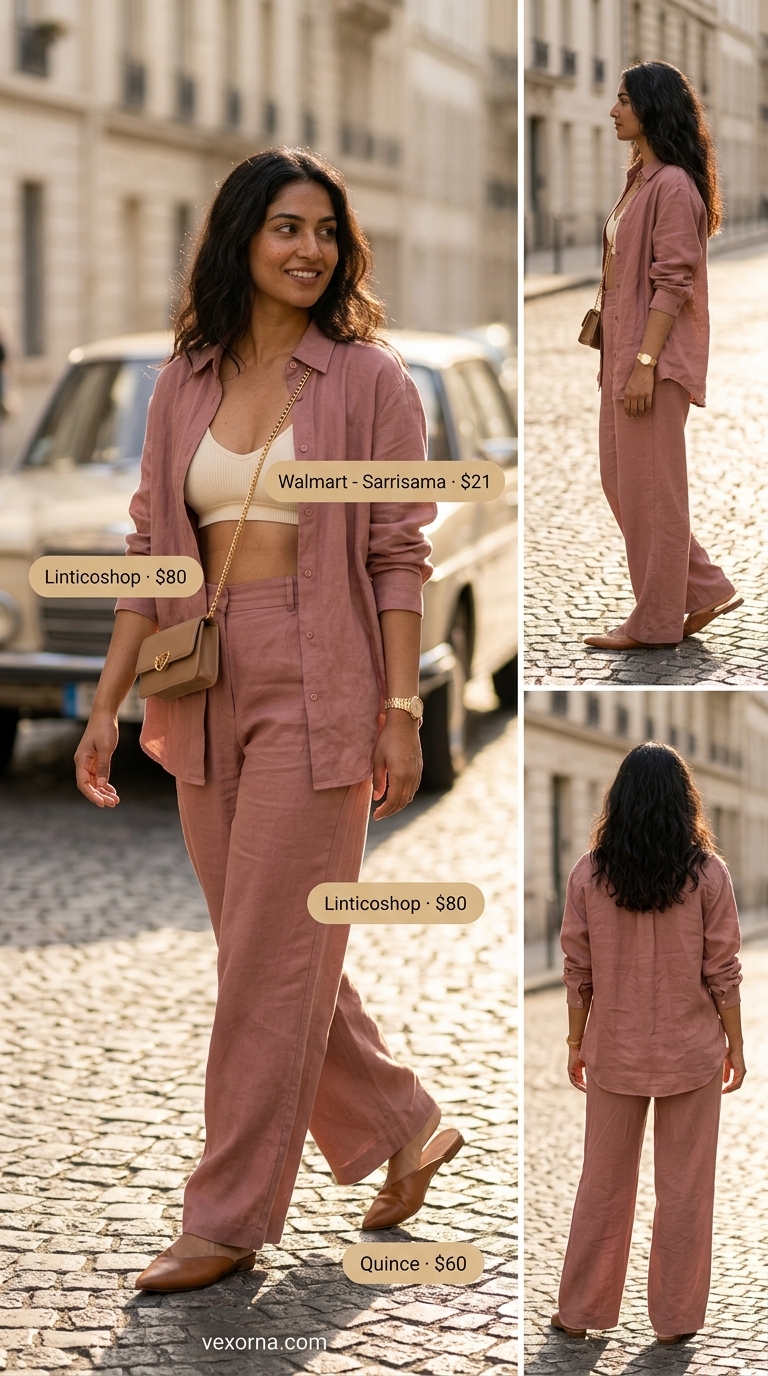 Street style summer fashion outfits for women 2026: Dusty rose linen set, cream mules, gold bag for a chic daytime event.