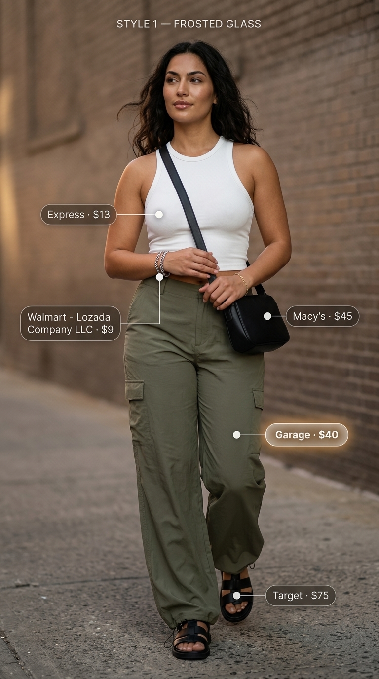 Street style summer fashion outfits for women 2026: Olive cargo pants, black crop top, combat sandals, nylon crossbody bag.
