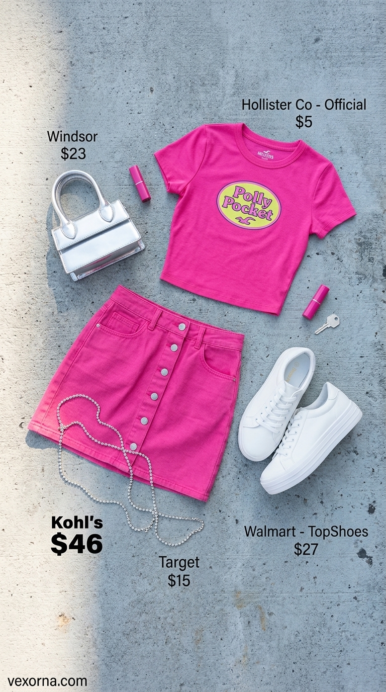 Street style summer fashion outfits for women 2026: Hot pink denim mini skirt, white baby tee, platform sneakers, chain belt.