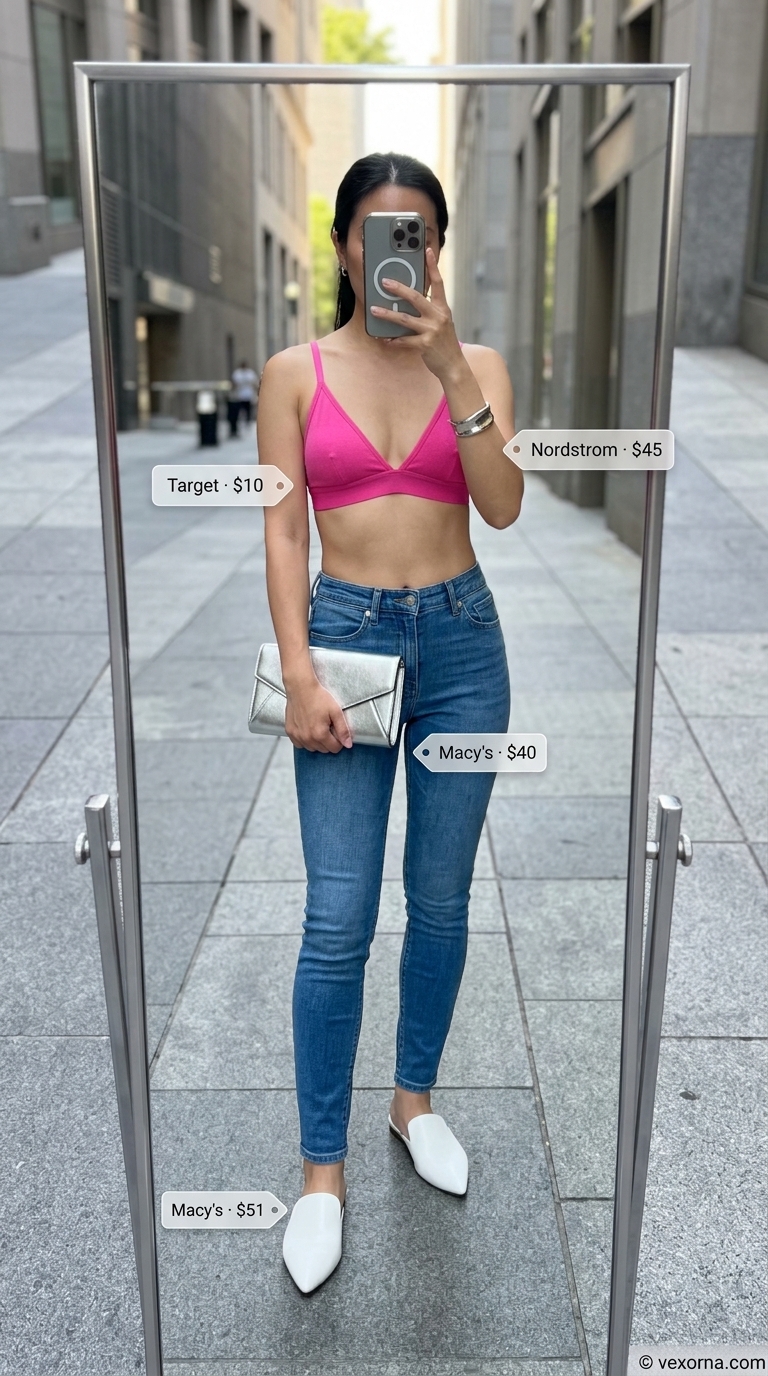 Hot pink linen matching set with white crop top and silver mules. Street style summer fashion outfits for women 2026.