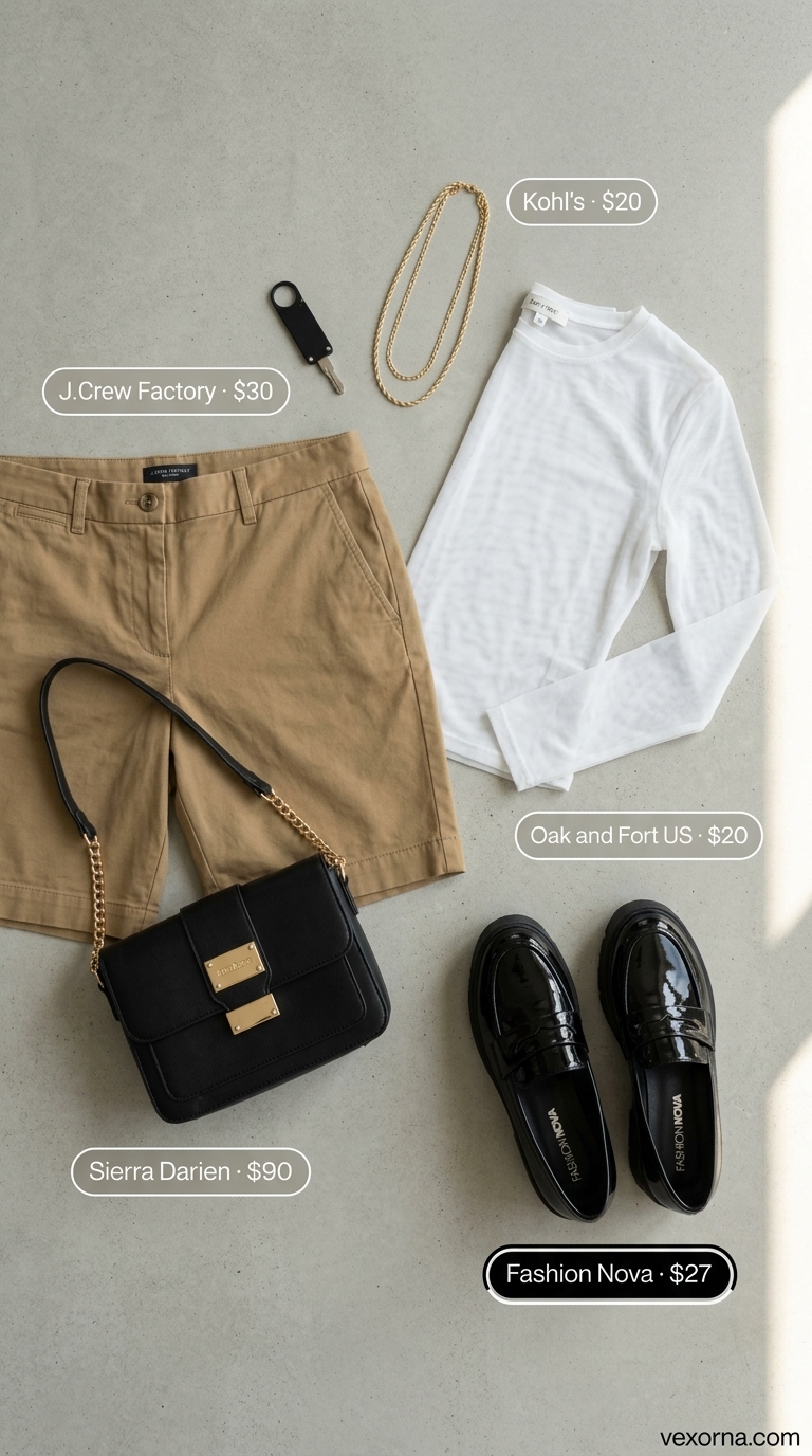 Street style summer fashion outfits for women 2026: Khaki Bermuda shorts, sheer black top, white loafers for a polished work-leisure look.