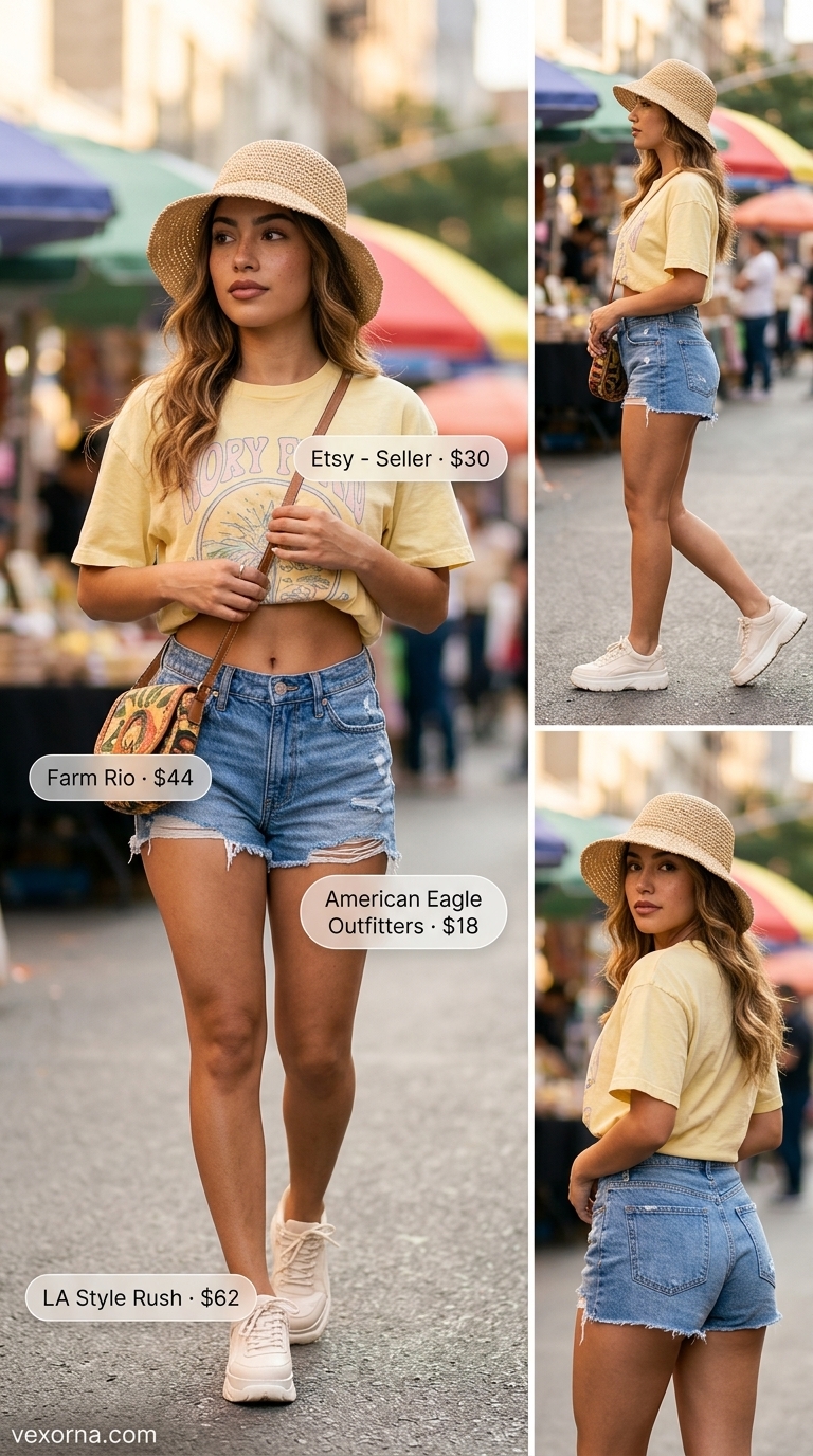 Street style summer fashion outfits for women 2026: Distressed denim shorts, graphic tee, pastel crossbody, platform sneakers.