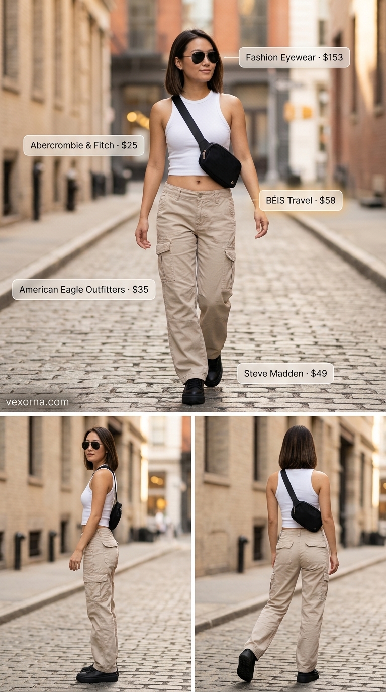 Street style summer fashion outfits for women 2026: Stone beige cargo pants, white ribbed tank, black chunky sneakers for a modern chic look.