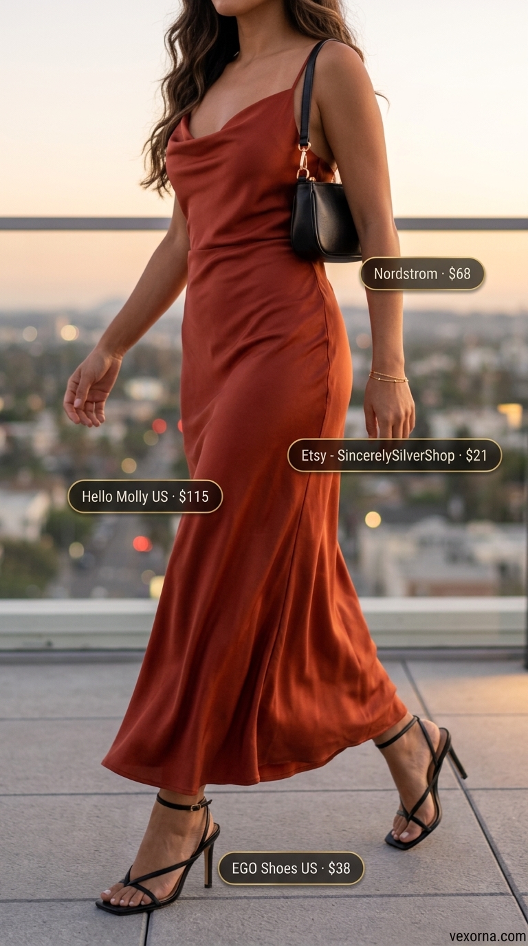 Terracotta orange satin maxi dress with black heeled sandals. Street style summer fashion outfits for women 2026.