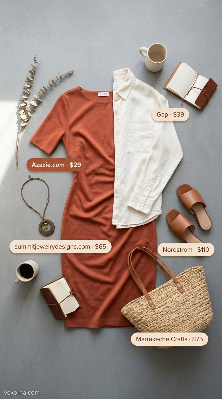 Terracotta ribbed knit maxi dress with ivory oversized shirt. Street style summer fashion outfits for women 2026.