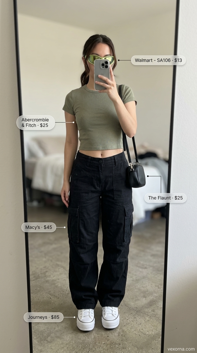 Olive green cargo pants with black crop top and platform sneakers. Street style summer fashion outfits for women 2026.