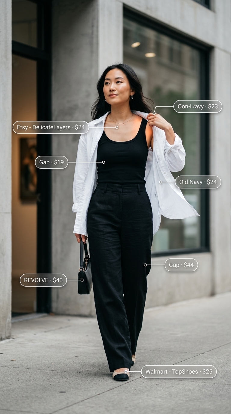 Black wide-leg trousers with white shirt and silver accessories. Street style summer fashion outfits for women 2026.