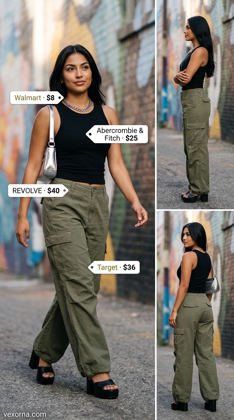 Street style summer fashion outfits for women 2026: Olive green cargo pants, black tank, chunky slides for an edgy urban look.