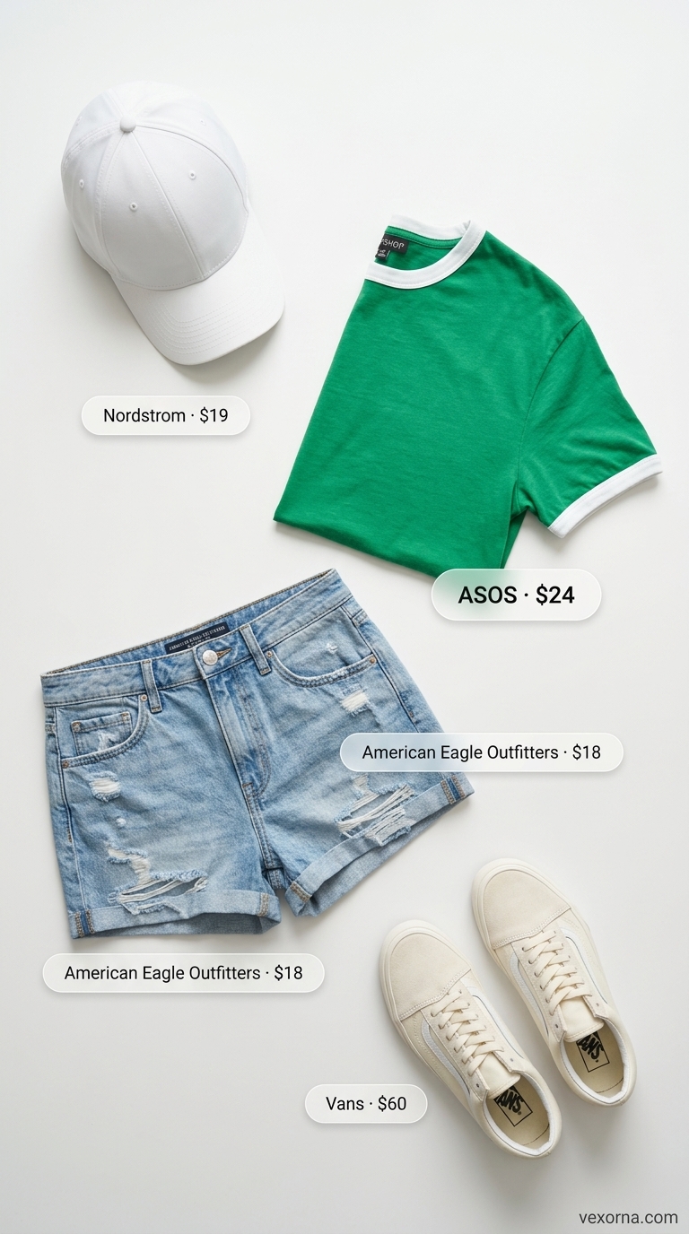 Street style summer fashion outfits for women 2026: Kelly green graphic tee, distressed denim shorts, and retro sneakers for a playful vibe.