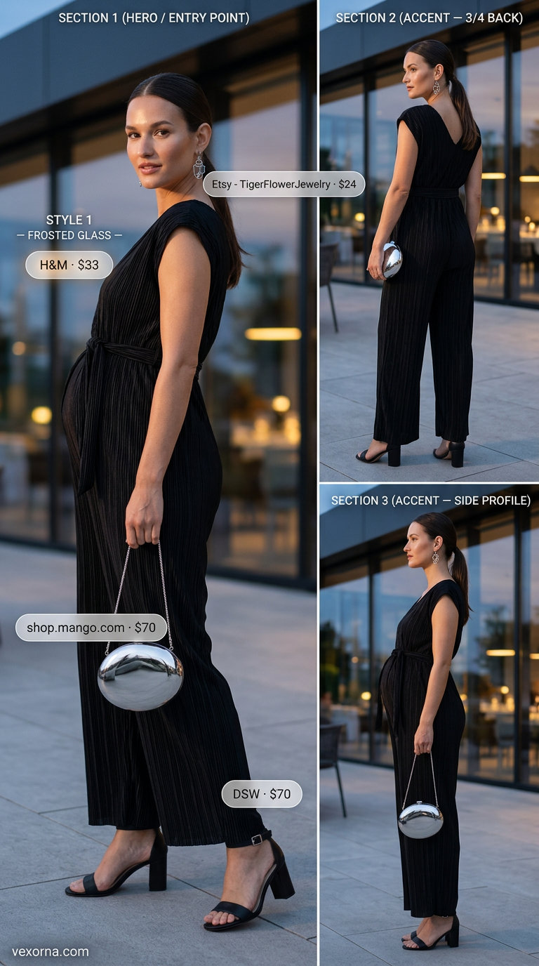 Stylish Maternity Summer Outfits 2026: Evening Jumpsuit Stylish maternity summer outfits 2026: Black wide-leg jumpsuit, silver earrings, metallic clutch for an evening event.
