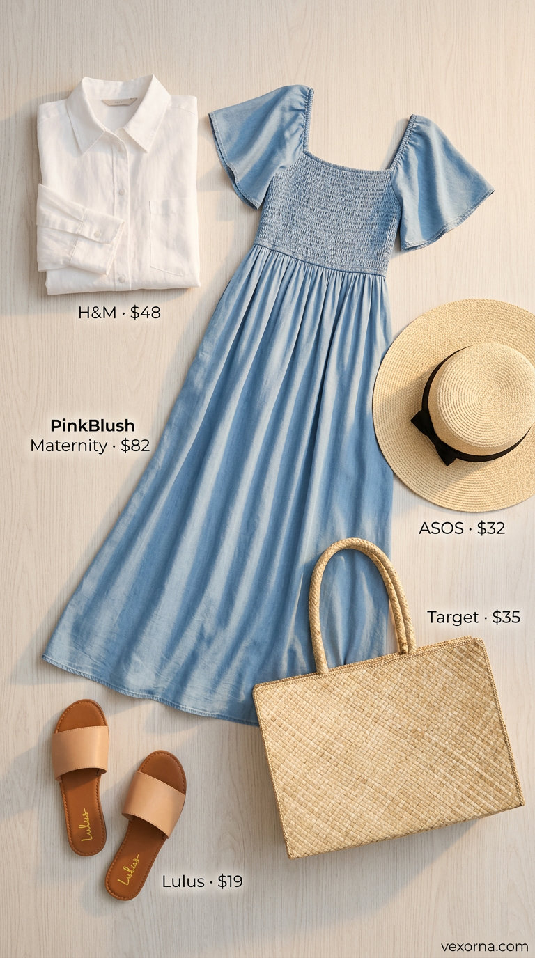 Stylish Maternity Summer Outfits 2026: Beach Maxi Dress Stylish maternity summer outfits 2026: Blue maxi dress, linen shirt, straw hat for beach day.