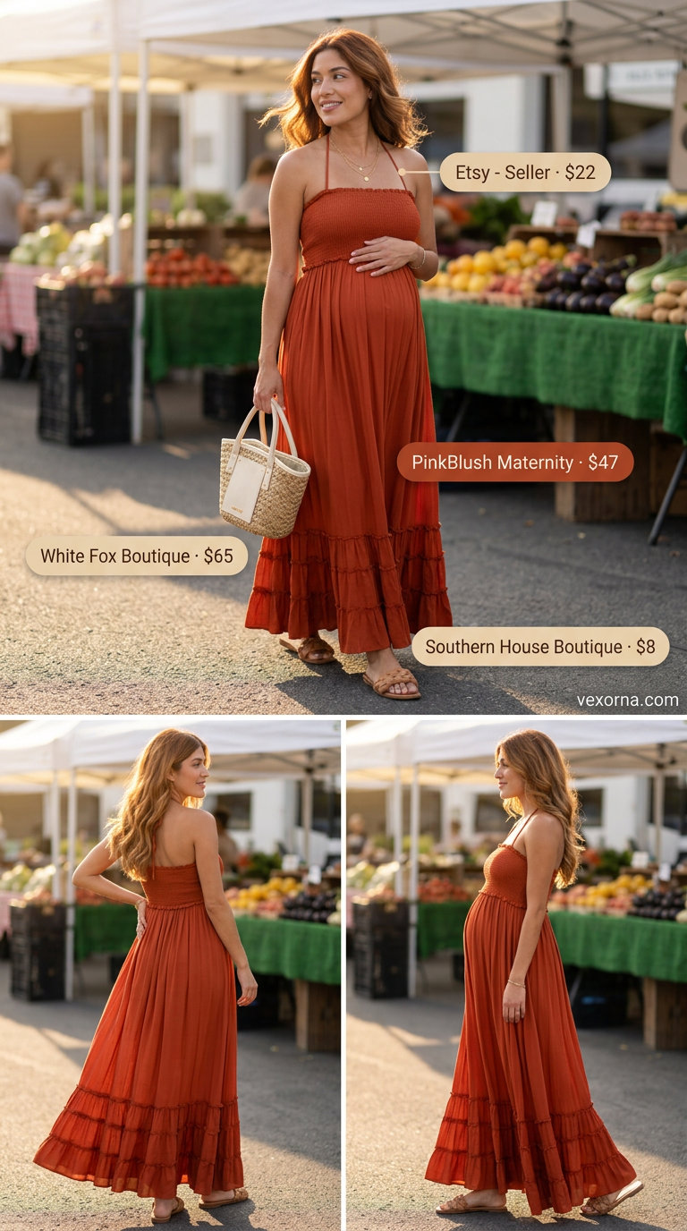 Stylish Maternity Summer Outfits 2026: Boho Beachside Bliss Stylish maternity summer outfits 2026: Terracotta maxi dress, tan slides for boho beachside bliss.
