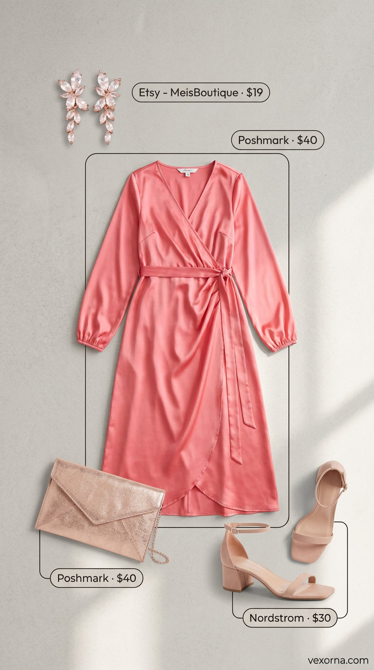 Stylish Maternity Summer Outfits 2026: Baby Shower Dress Stylish maternity summer outfits 2026: Coral pink wrap dress, nude sandals, rose gold earrings for a baby shower.