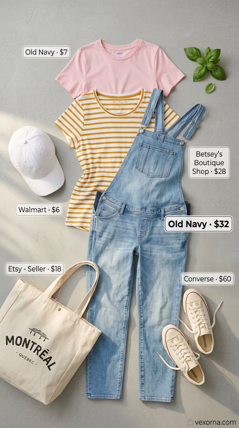 Stylish Maternity Summer Outfits 2026: Overalls Errands Style Stylish maternity summer outfits 2026: Denim overalls, striped tee, sneakers, and tote bag for weekend errands.