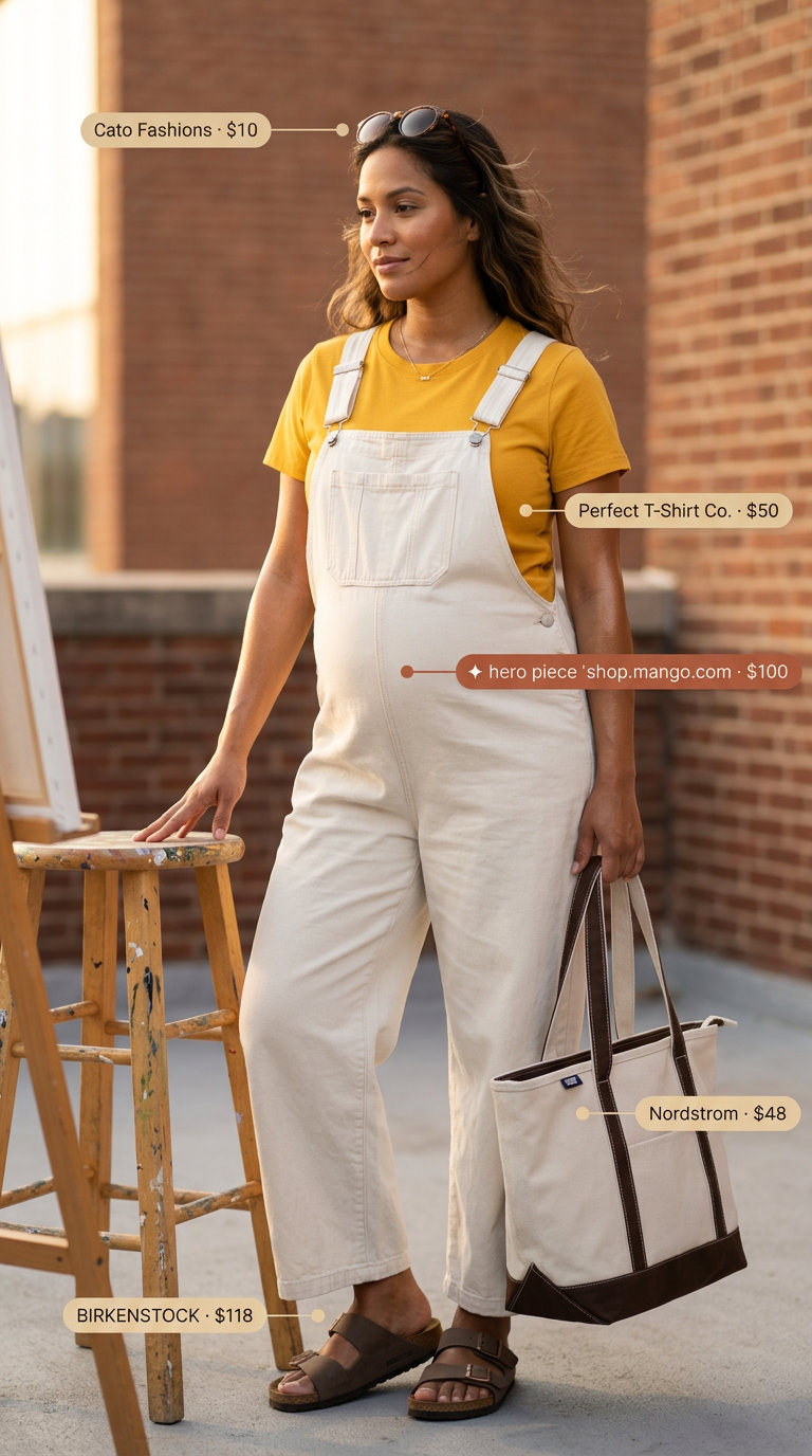 Stylish Maternity Summer Outfits 2026: Creative Overalls Stylish maternity summer outfits 2026: Ecru denim overalls, mustard tee, Birkenstocks for a creative day.