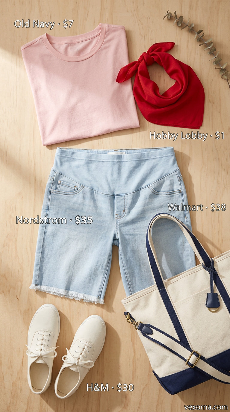 Stylish Maternity Summer Outfits 2026: Denim Shorts Stylish maternity summer outfits 2026: Denim shorts, striped tee, sneakers for weekend getaway.