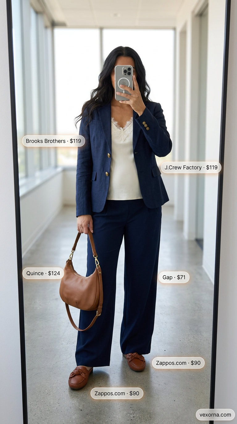 Stylish Maternity Summer Outfits 2026: Executive Chic Pants Stylish maternity summer outfits 2026: Navy wide-leg trousers, white camisole, linen blazer, and mules for business casual.