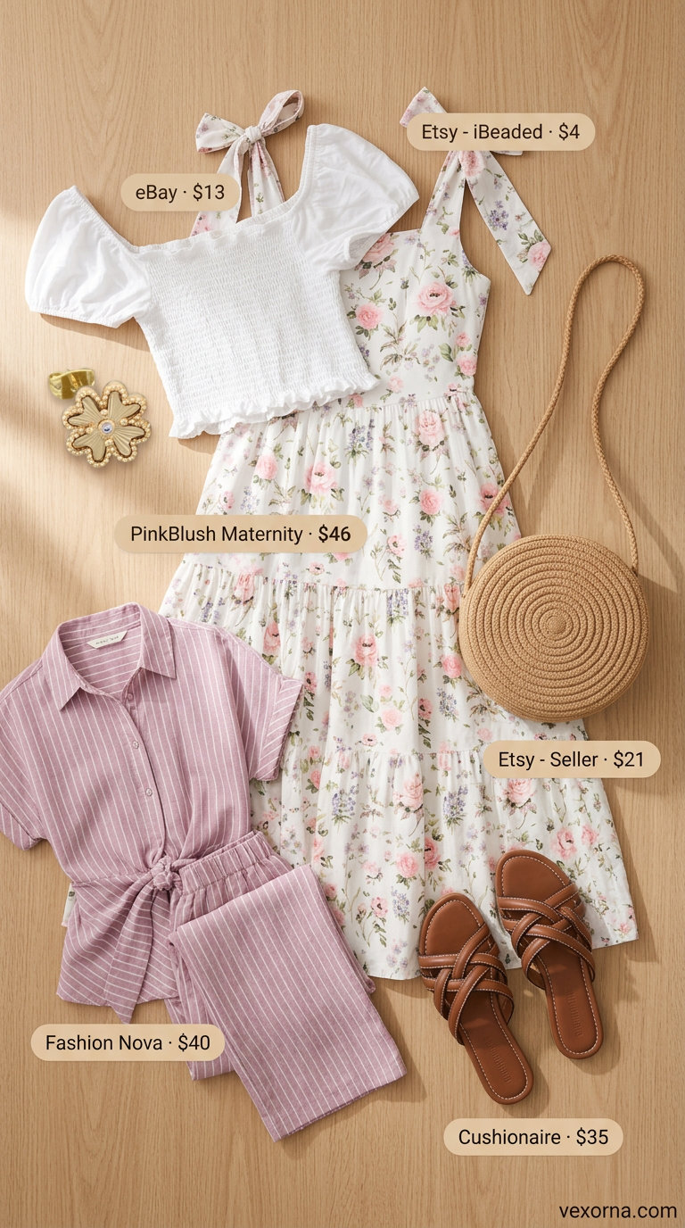 Stylish Maternity Summer Outfits 2026: Farmers Market Floral Stylish maternity summer outfits 2026: Floral midi skirt, off-the-shoulder top for farmers market.