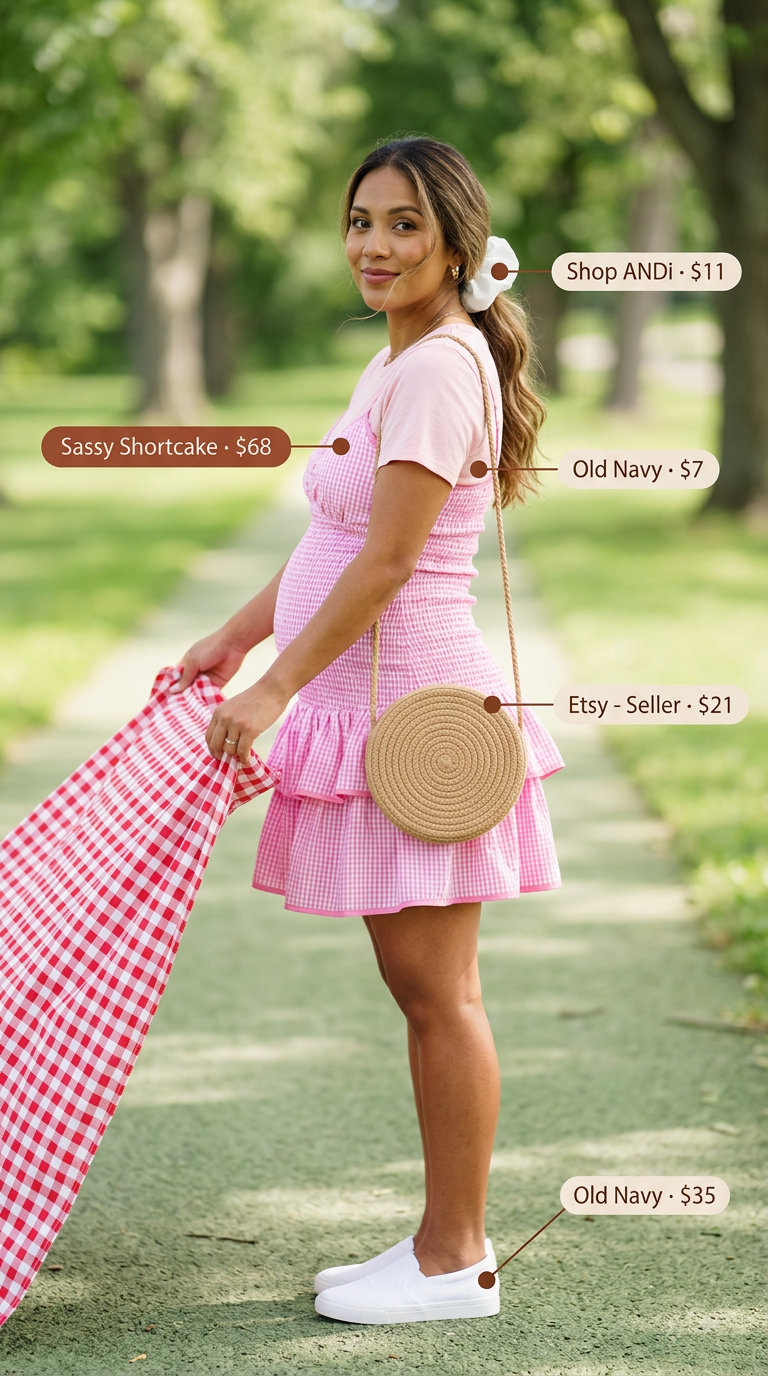 Stylish Maternity Summer Outfits 2026: Gingham Picnic Dress Stylish maternity summer outfits 2026: Pink gingham sundress, slip-on sneakers, and straw bag for a park picnic.