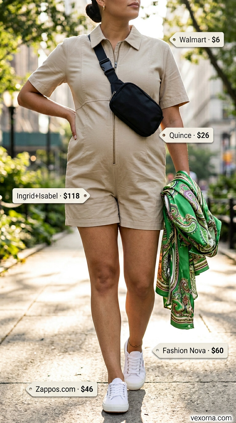 Stylish Maternity Summer Outfits 2026: Park Day Romper Stylish maternity summer outfits 2026: Khaki romper, white sneakers, baseball cap for park day.