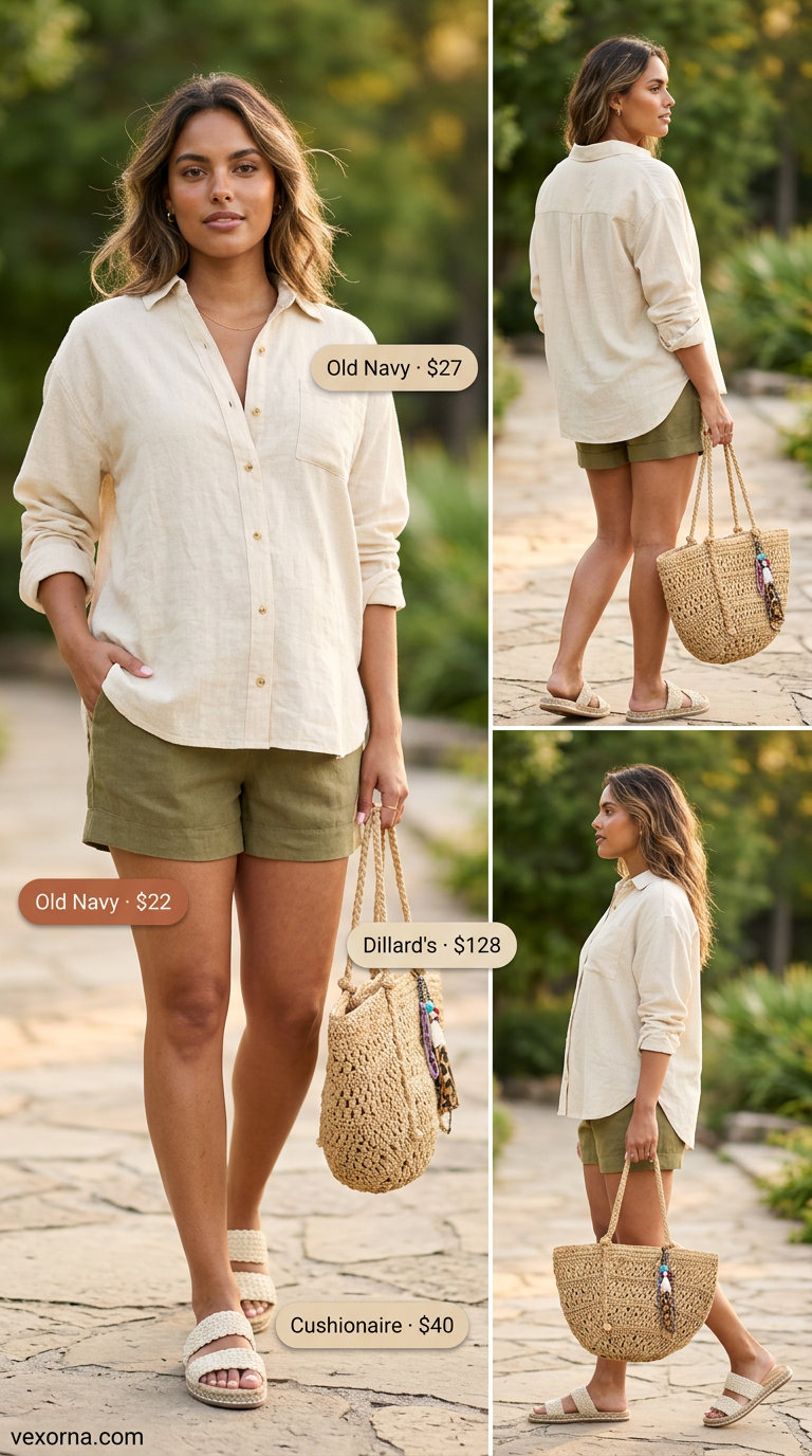 Stylish Maternity Summer Outfits 2026: Lakeside Linen Lounging Stylish maternity summer outfits 2026: Sky blue linen shorts, white oversized shirt, straw tote for beach vacation.