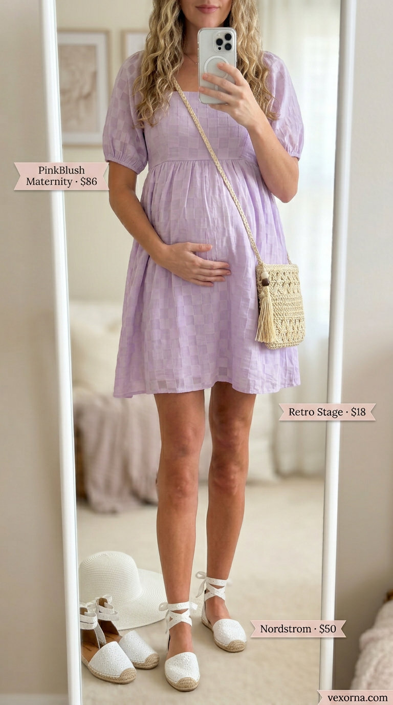 Stylish Maternity Summer Outfits 2026: Lavender Picnic Dress Stylish maternity summer outfits 2026: Lavender sundress, espadrilles, and sun hat for a picnic.
