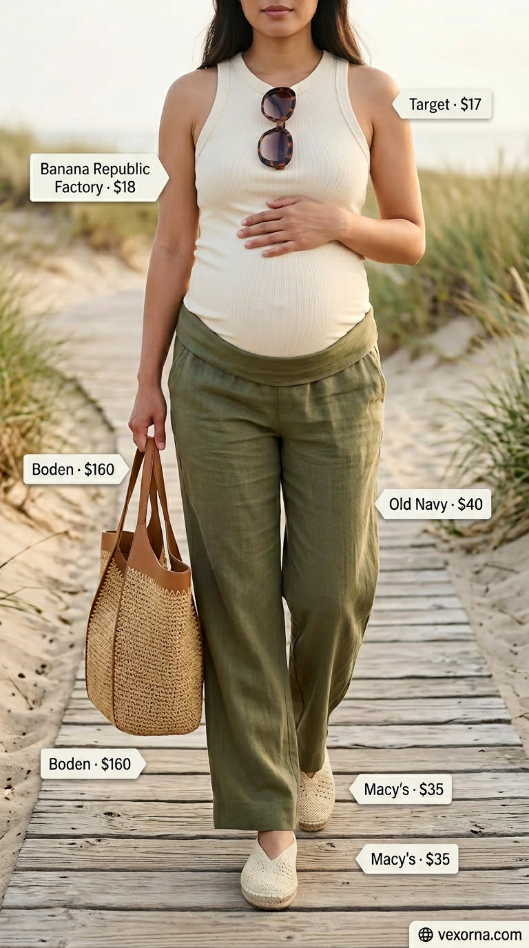 Stylish Maternity Summer Outfits 2026: Linen Pants Stylish maternity summer outfits 2026: Sky blue linen pants, cream tank, espadrilles for beach vacation.