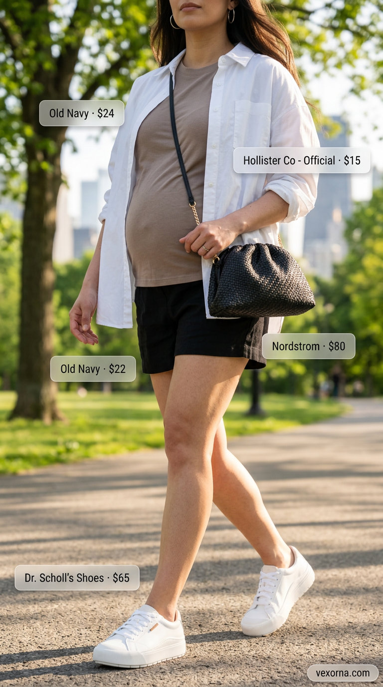 Stylish Maternity Summer Outfits 2026: Urban Explorer Shorts Stylish maternity summer outfits 2026: Black linen shorts, white oversized shirt, sneakers, and crossbody bag for urban exploration.