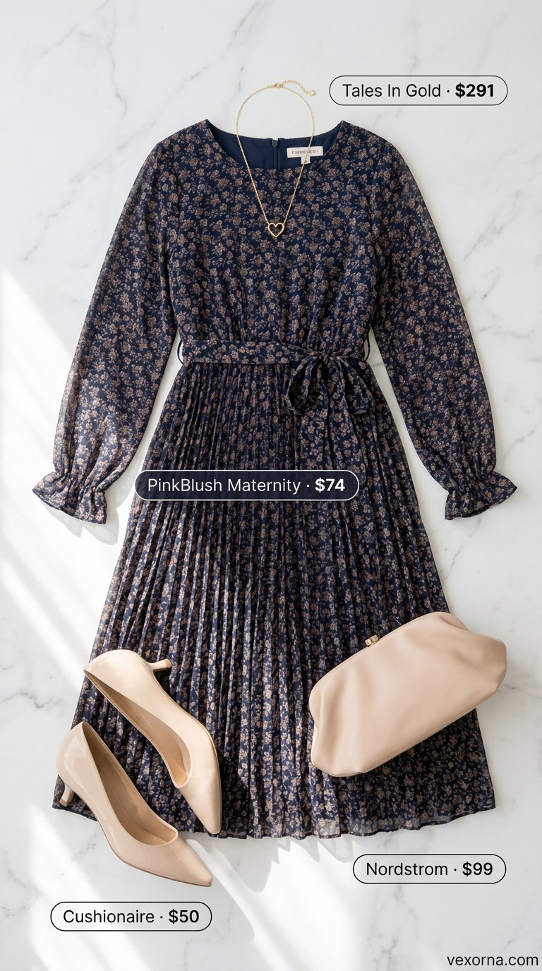 Stylish Maternity Summer Outfits 2026: Wedding Guest Dress Stylish maternity summer outfits 2026: Navy floral midi dress, nude heels, gold necklace for a summer wedding guest.