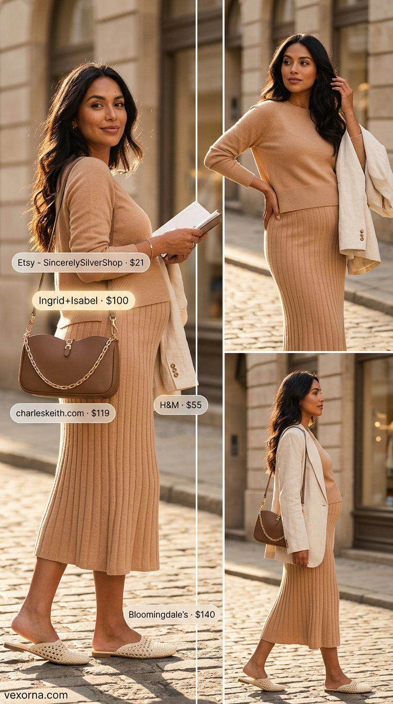 Stylish Maternity Summer Outfits 2026: Polished Pregnancy Power Stylish maternity summer outfits 2026: Camel knit matching set, cream linen blazer for casual work day.