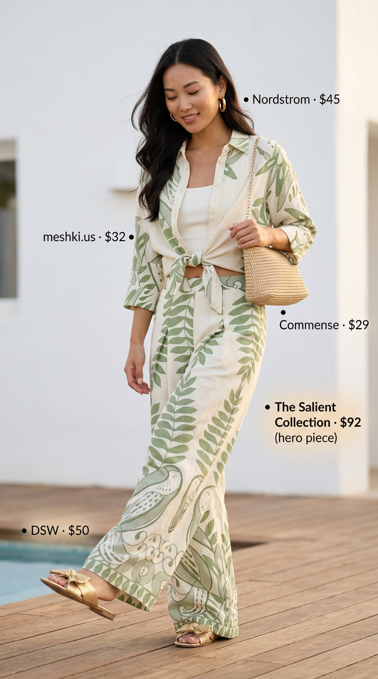 Stylish Maternity Summer Outfits 2026: Resort Ready Set Stylish maternity summer outfits 2026: Tropical print set, metallic sandals, and straw bag for resort dining.