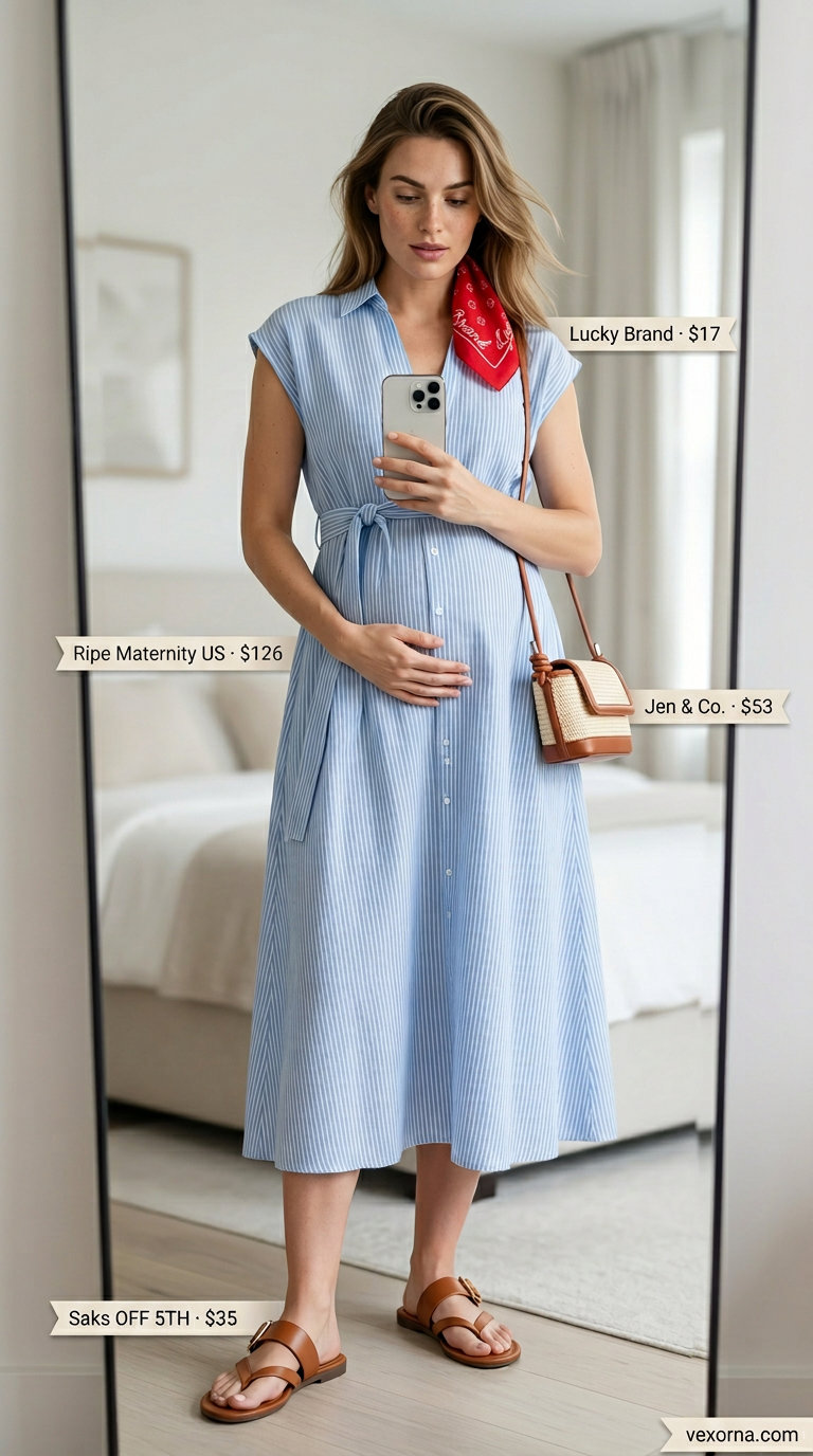 Stylish Maternity Summer Outfits 2026: Striped Seaside Brunch Stylish maternity summer outfits 2026: Blue stripe midi shirt dress, tan slides for daytime event.