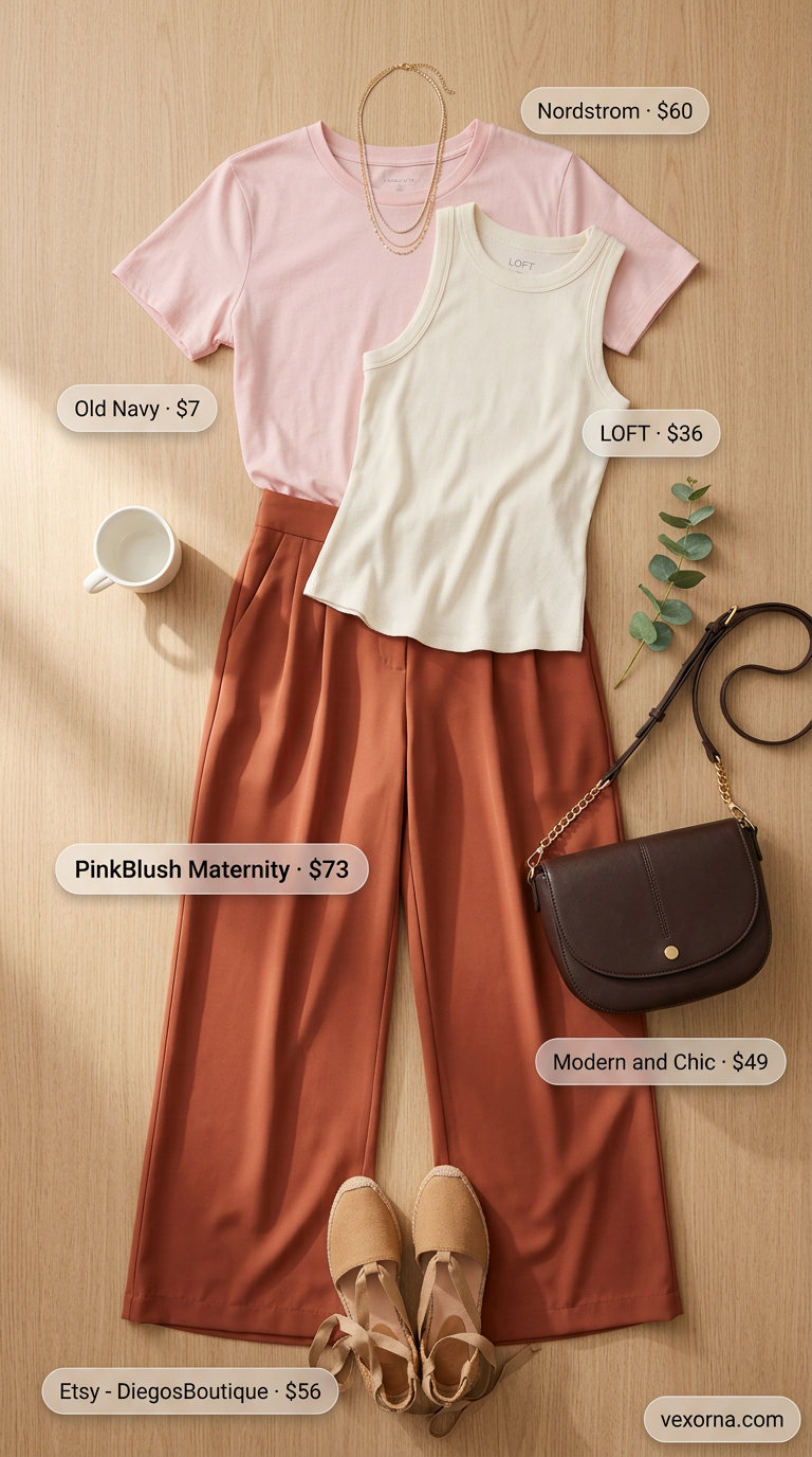 Stylish Maternity Summer Outfits 2026: Sunny Brunch Comfort Stylish maternity summer outfits 2026: Terracotta linen pants, cream tank top for sunny brunch.