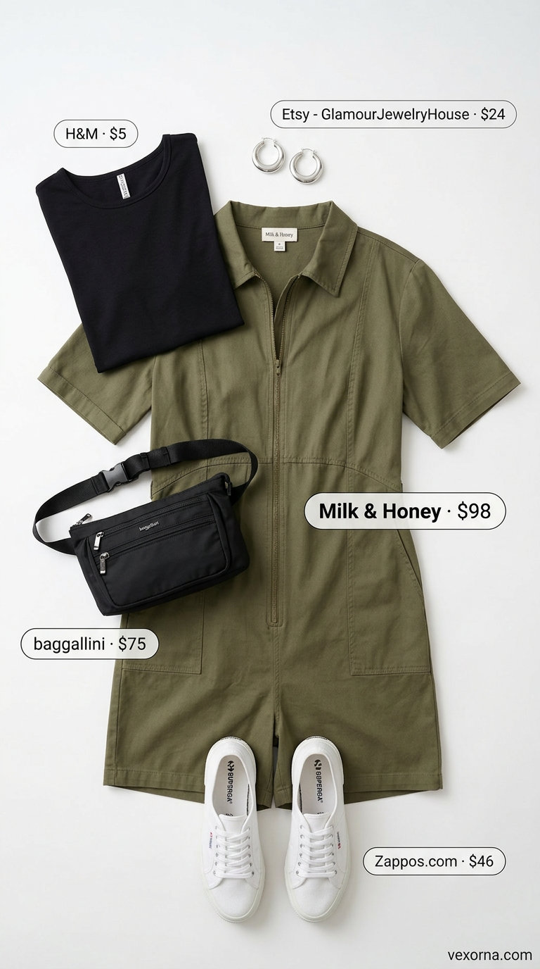 Stylish Maternity Summer Outfits 2026: Urban Chic Mama Stylish maternity summer outfits 2026: Olive green utility jumpsuit, white sneakers for urban chic.